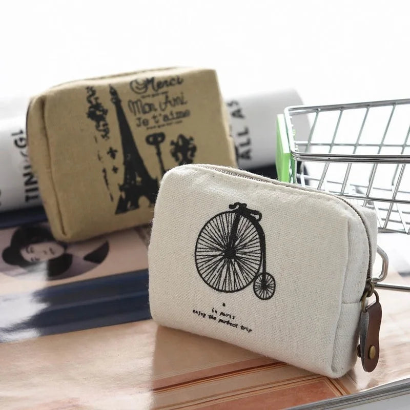 Women's Retro Small Canvas Coin Bags Purse Money Wallet ID Credit Card Holder Earphones Keys Storage Bags Zipper Square Pouch