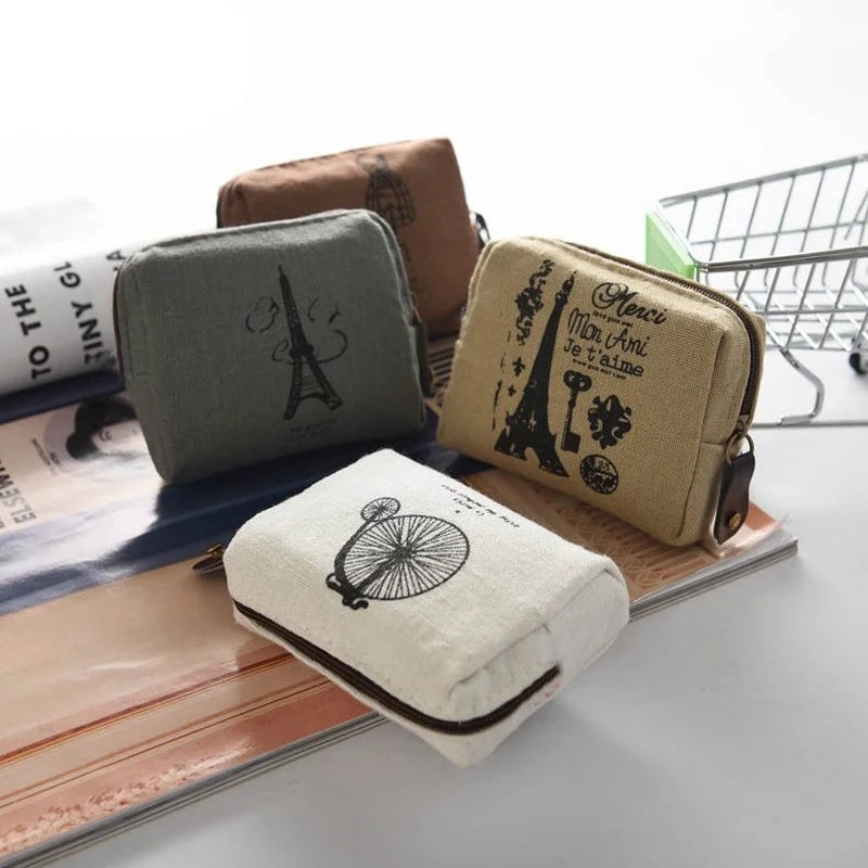 Women's Retro Small Canvas Coin Bags Purse Money Wallet ID Credit Card Holder Earphones Keys Storage Bags Zipper Square Pouch