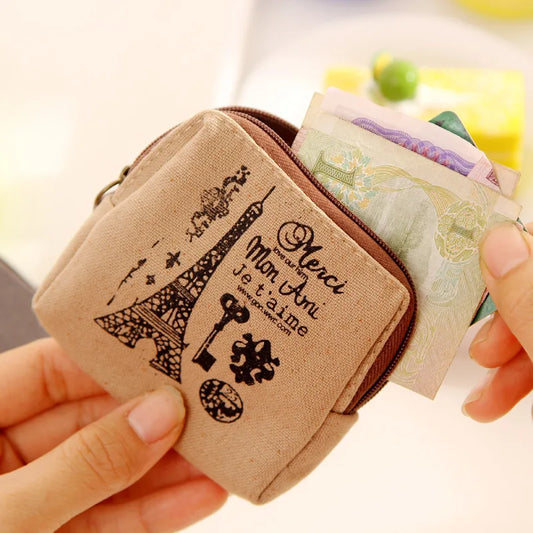 Women's Retro Small Canvas Coin Bags Purse Money Wallet ID Credit Card Holder Earphones Keys Storage Bags Zipper Square Pouch