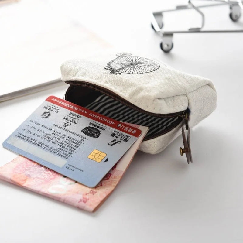Women's Retro Small Canvas Coin Bags Purse Money Wallet ID Credit Card Holder Earphones Keys Storage Bags Zipper Square Pouch